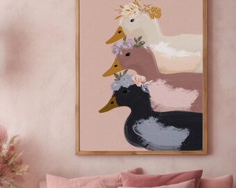Floral Duck Wall Art :  Stacked Ducks Pastel Animal Illustration