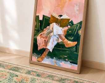 Woman Reading Wall Art, Book Lover Poster, Cozy Female Print, Pink Green Eclectic Decor