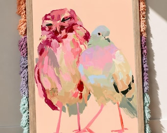 Whimsical Birds Wall Art, Owl and Pigeon  Print, Pastel Animal Poster, Eclectic Whimsical Decor
