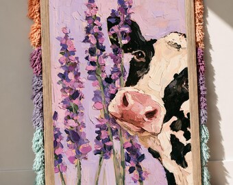 Cow Wall Art, Highland Farm Animal Print, Purple Floral Poster, Whimsical Kitchen Artwork