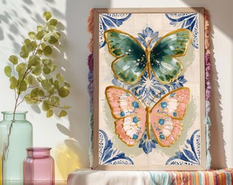 Floral Butterfly Print : Green and Pink Butterfly Painting, Boho Nature Decor