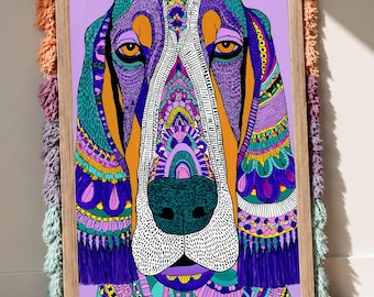 Basset Hound Wall Art, Colorful Dog Printable, Boho Maximalist Decor, Pet Portrait (DIGITAL DOWNLOAD)