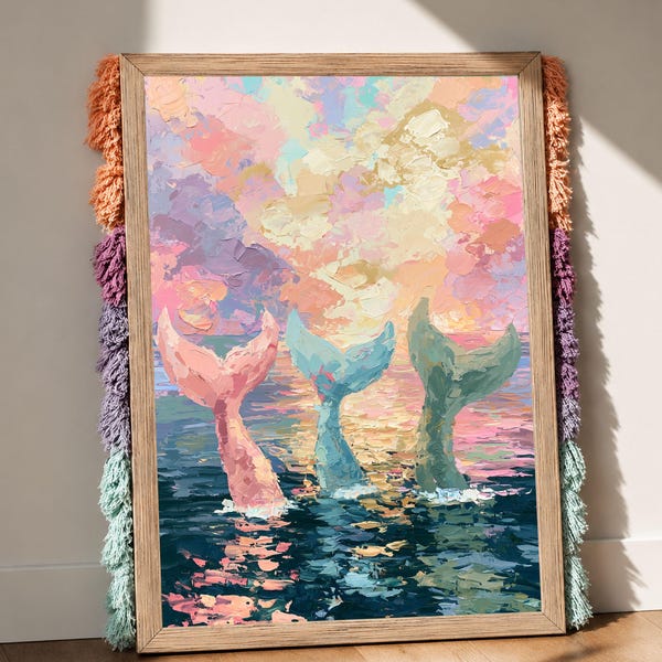 Mermaid Tail Wall Art, Coastal Sunset Print, Pastel Ocean Painting, Beach House Decor