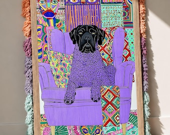 Grumpy Black Dog Wall Art, Colorful Maximalist Pet Print (Digital Download)