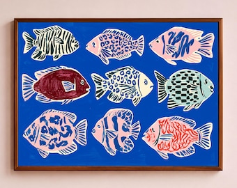 Fish Wall Art, Colorful Folk Print, Tropical Fish Poster, Coastal Eclectic Ocean Decor