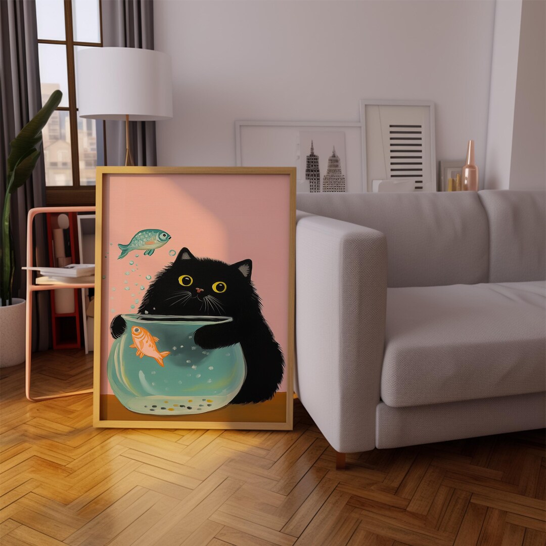 Funny Black Cat and Fish Bowl Art Print: Playful Animal Illustration - Etsy
