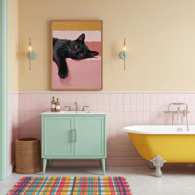 Väggkonst med svart katt: Mysig minimalistisk kattillustration på rosa bakgrund bild 13
