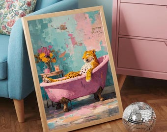 Leopard Wall Art : Whimsical Animal in Bathtub (DIGITAL DOWNLOAD)