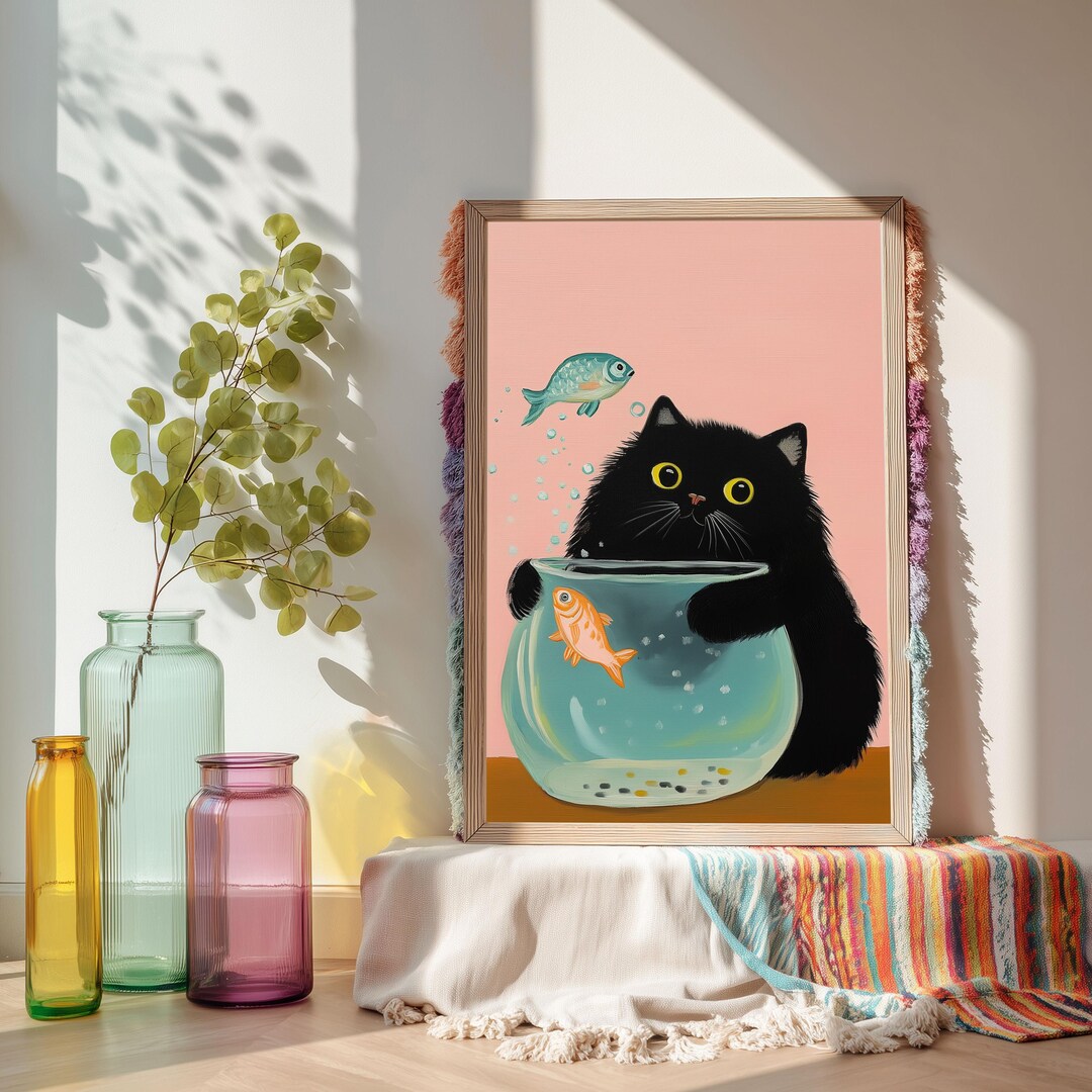 Black Cat Art Print: Playful Fish Bowl Wall Decor, Quirky Poster - Etsy