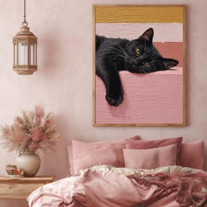 Väggkonst med svart katt: Mysig minimalistisk kattillustration på rosa bakgrund bild 9