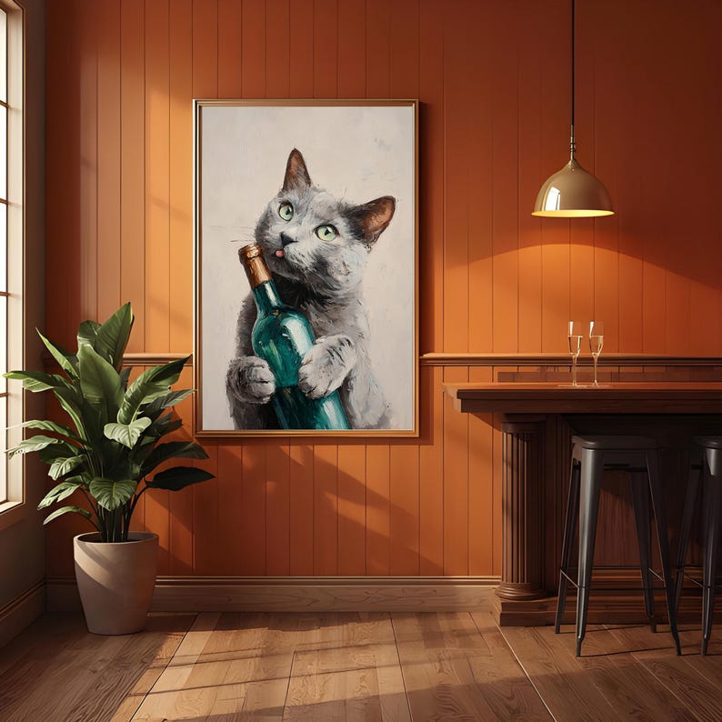 Funny Cat Wall Art : Whimsical Oil Painting of Cat With Wine Bottle - Etsy