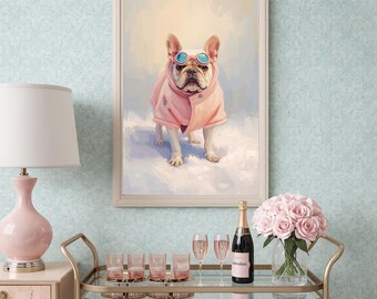 フレンチブルドッグのアートプリント：ピンクのコートを着たレトロな犬