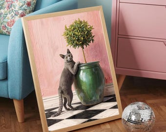 Gray Cat Wall Art : Modern Pet Portrait Print, Green Plant & Retro Home Decor