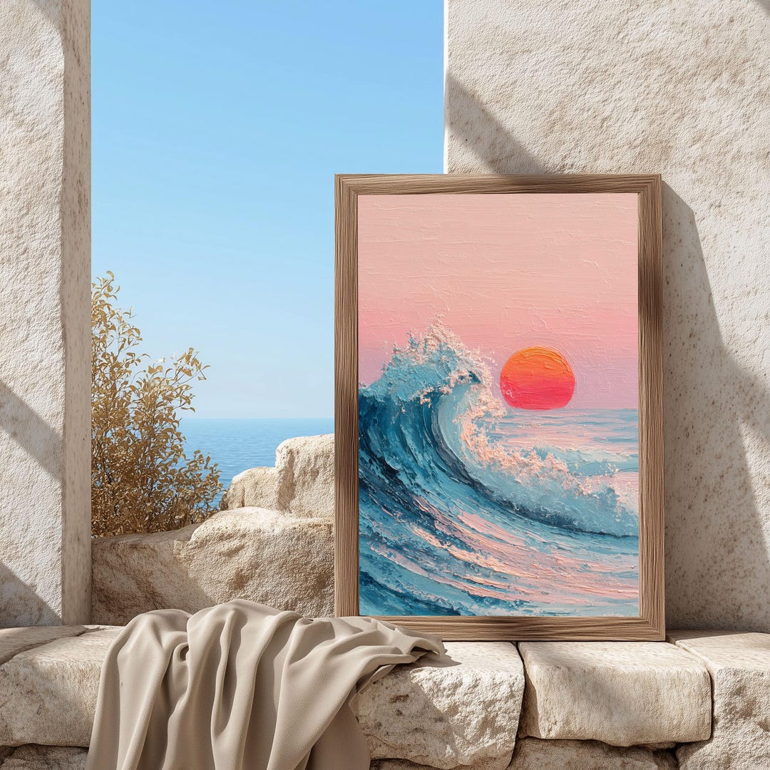 Ocean Wave Wall Art : Pink Sunset Seascape Painting, Coastal Modern Art ...