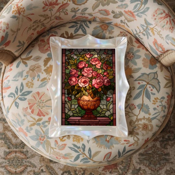 Stained Glass Rose Wall Art :  Vintage Floral Art Nouveau Oil Painting Print, Botanical Decor