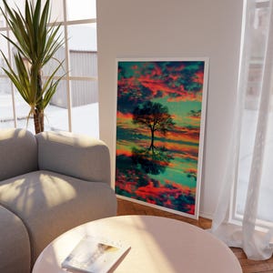 Colorful Sunset Tree Poster, Nature Landscape Wall Art, Modern Art Print, Minimalist Tree Decor, Digital Download, Modern Home Decor