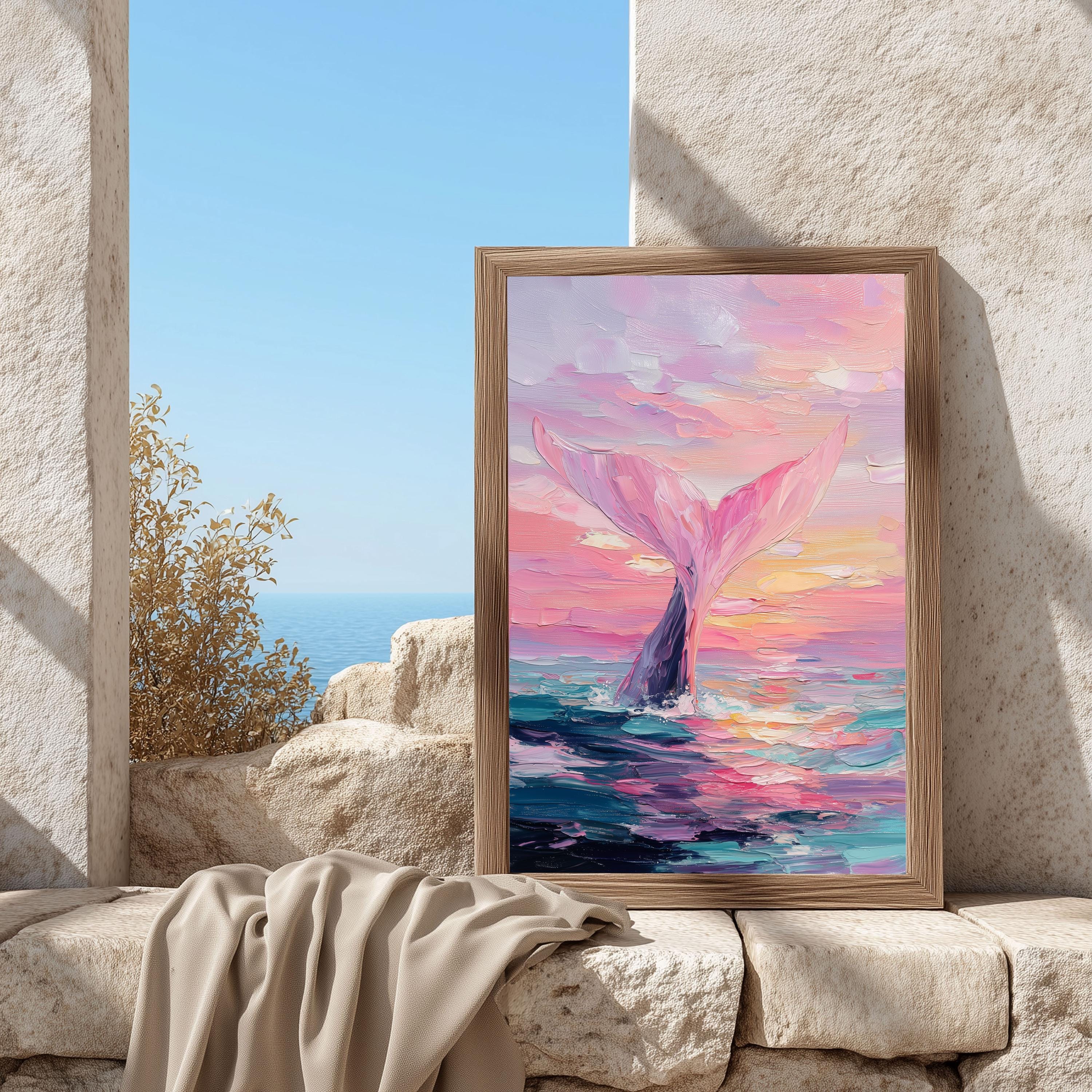 人魚のアートプリント：ピンクの海の夕日ポスター、ファンタジーな海岸