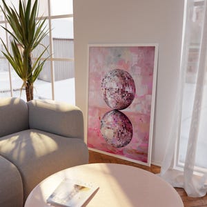 Pink Disco Ball Wall Art, Modern Abstract Poster, Pastel Party Room Decor, Glam Dance Print, Trendy Girl Art Print