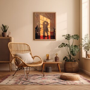 May include: A framed artwork depicts a couple embracing in front of a sunlit window. The room features a woven chair with a cushion, a wooden side table, and a patterned rug. Potted plants and a woven basket add to the warm, inviting atmosphere.