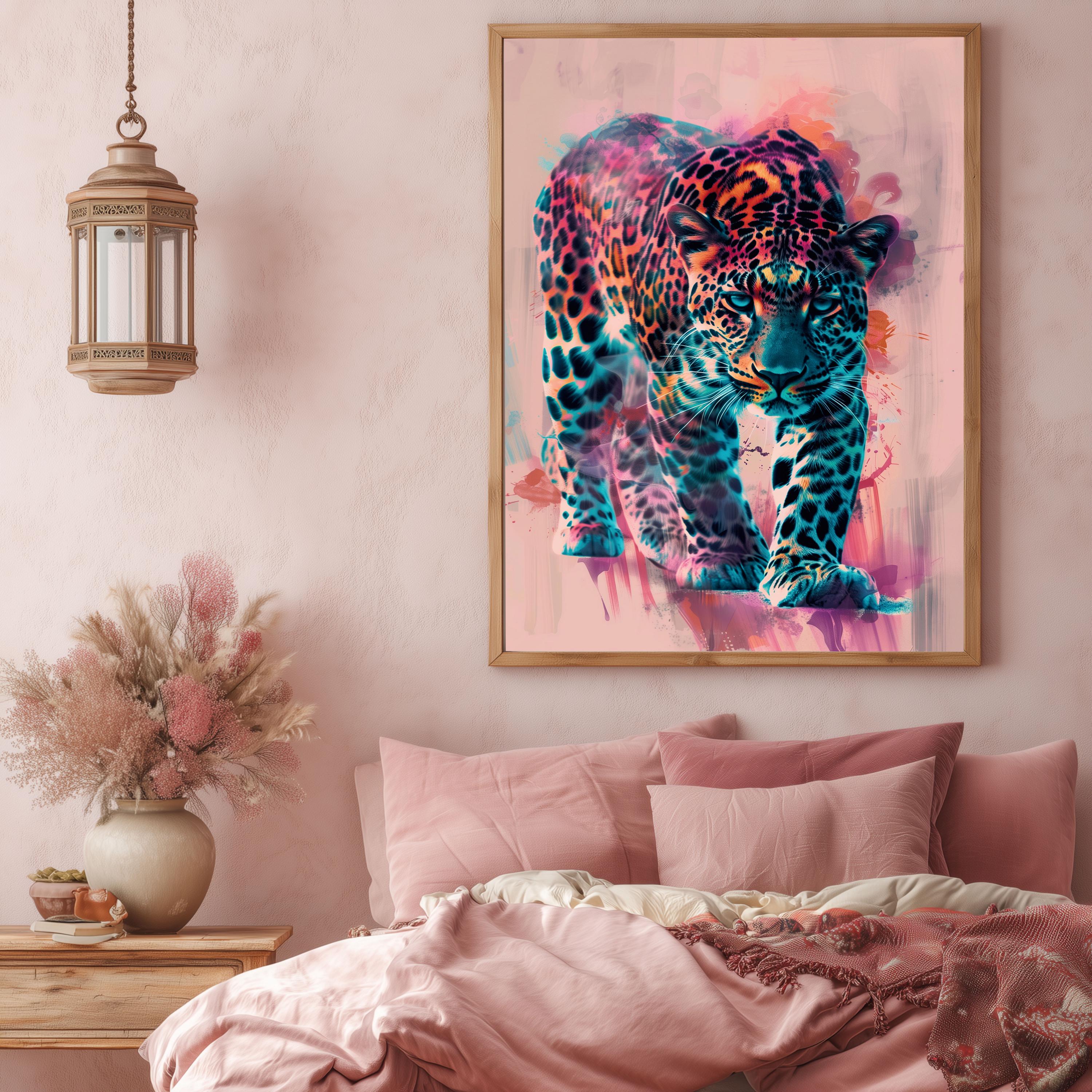 Leopard Wall Art: Neon Jungle Animal Poster, Bold Big Cat Print