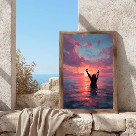 Black Cat Poster : Ocean Wine Wall Art, Relaxing Beach Painting