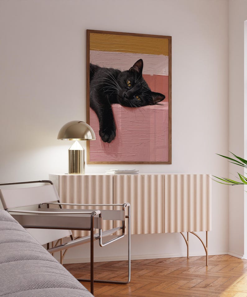 Väggkonst med svart katt: Mysig minimalistisk kattillustration på rosa bakgrund bild 3