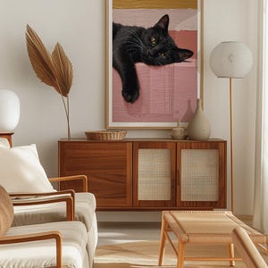Väggkonst med svart katt: Mysig minimalistisk kattillustration på rosa bakgrund bild 18