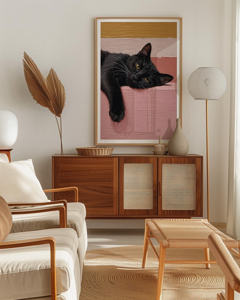 Väggkonst med svart katt: Mysig minimalistisk kattillustration på rosa bakgrund bild 18