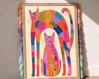Cat Wall Art, Mother Kitten Poster, Folk Feline Print, Nursery Decor