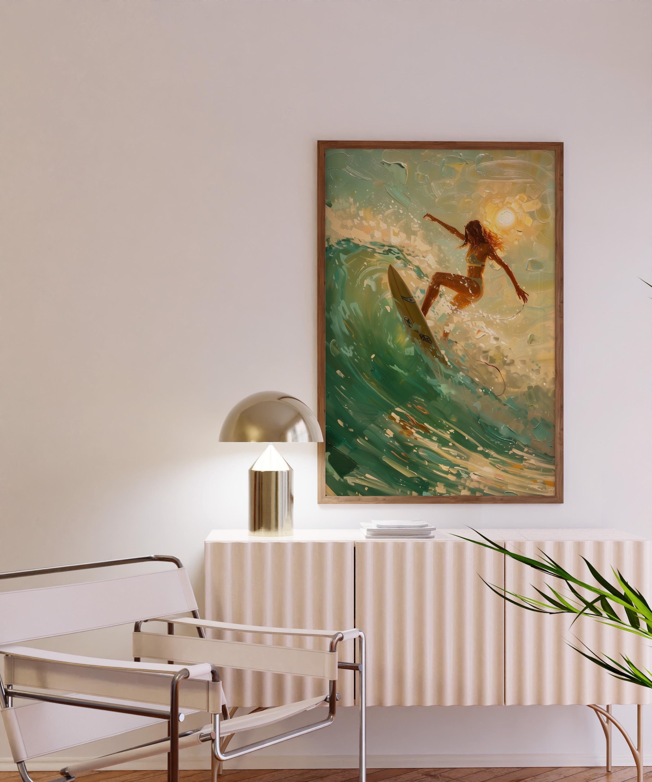 Surfing Girl Wall Art, Ocean Wave Poster, Summer Beach Print