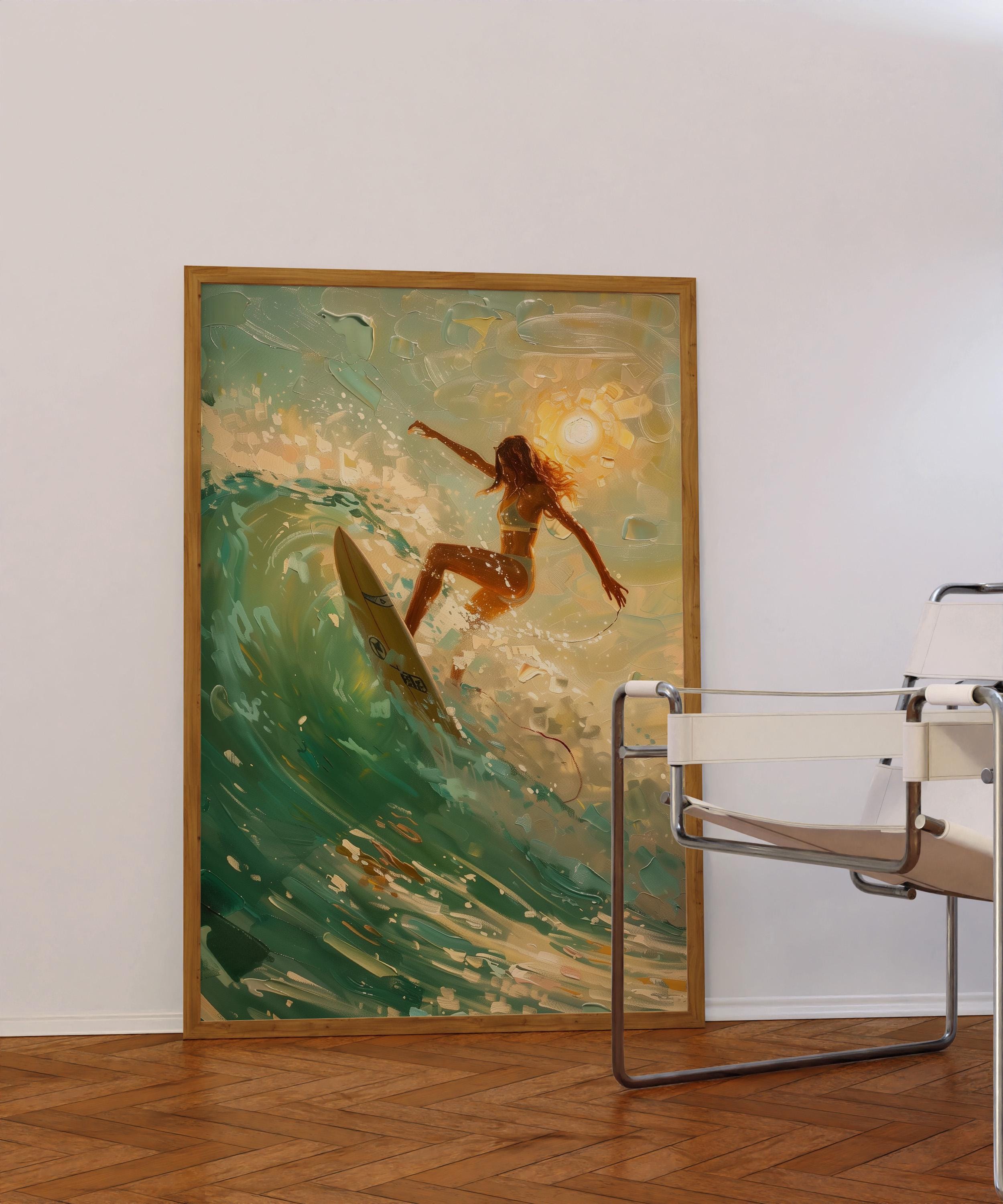 Surfing Girl Wall Art, Ocean Wave Poster, Summer Beach Print
