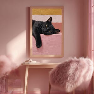 Väggkonst med svart katt: Mysig minimalistisk kattillustration på rosa bakgrund bild 8