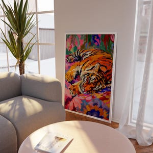 Colorful Sleeping Tiger Poster – Maximalist Jungle Wall Art Print, Trendy Animal Home Inspired Decor