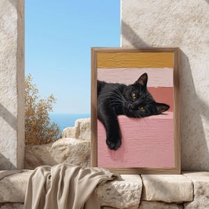 Väggkonst med svart katt: Mysig minimalistisk kattillustration på rosa bakgrund bild 11