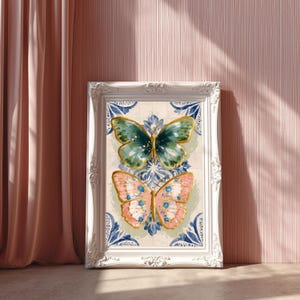Blumen Schmetterling Druck: Grün und Rosa Schmetterling Gemälde, Boho Natur Decor