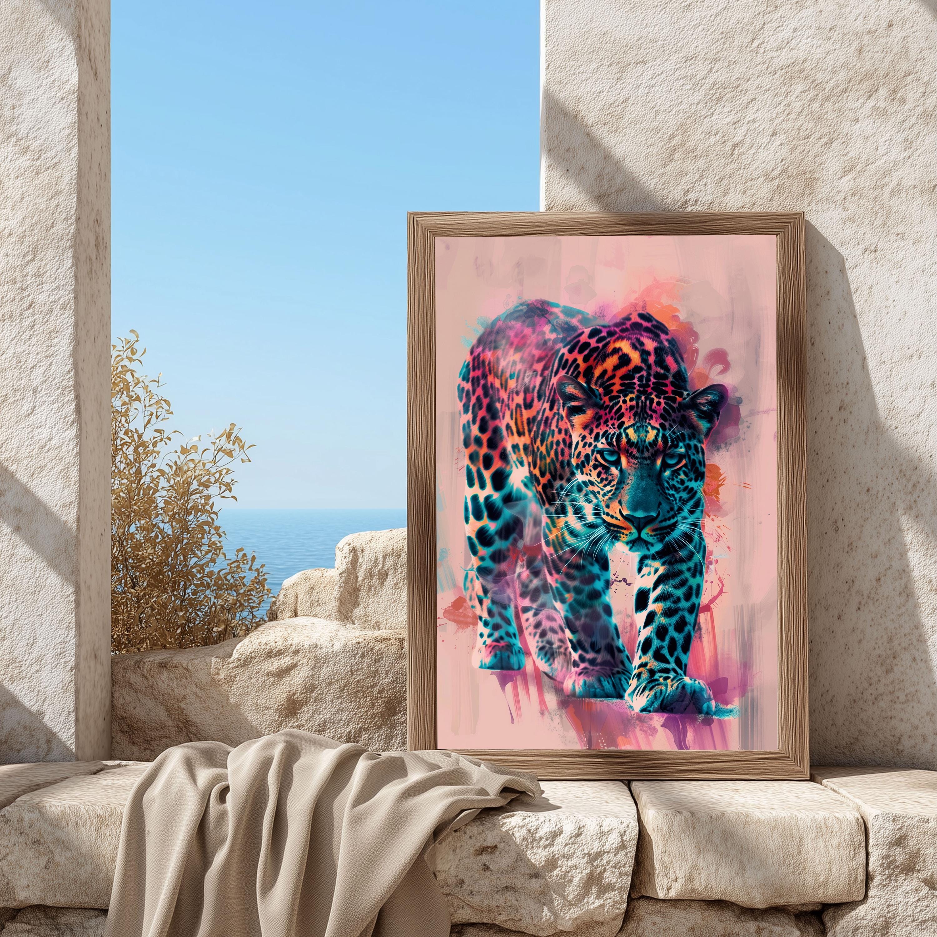 Leopard Wall Art: Neon Jungle Animal Poster, Bold Big Cat Print