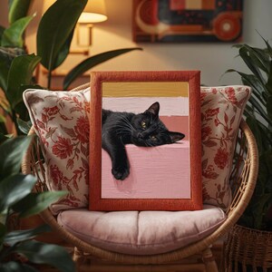 Väggkonst med svart katt: Mysig minimalistisk kattillustration på rosa bakgrund bild 15