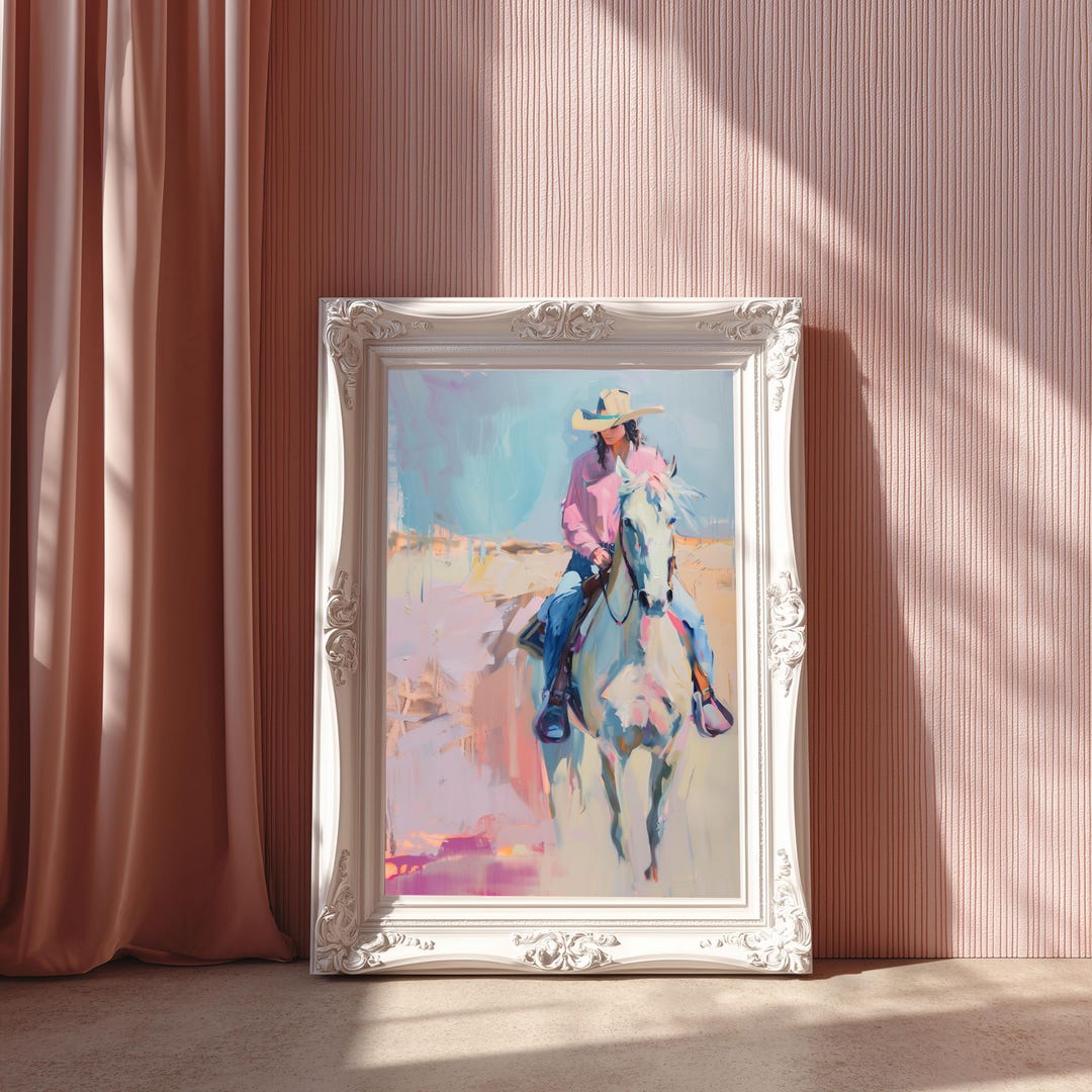 Cowgirl on Horse Wall Art – Western Abstract Painting Print, Pastel ...