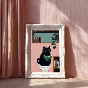 おもしろい黒猫のウォールアート - 読書中の猫のプリント、風変わりなバスルーム装飾ポスター