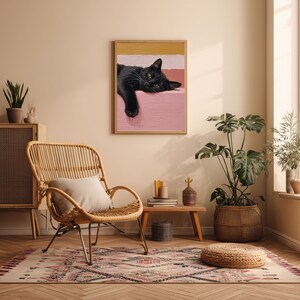 Väggkonst med svart katt: Mysig minimalistisk kattillustration på rosa bakgrund bild 6