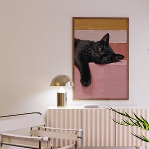 Väggkonst med svart katt: Mysig minimalistisk kattillustration på rosa bakgrund bild 2