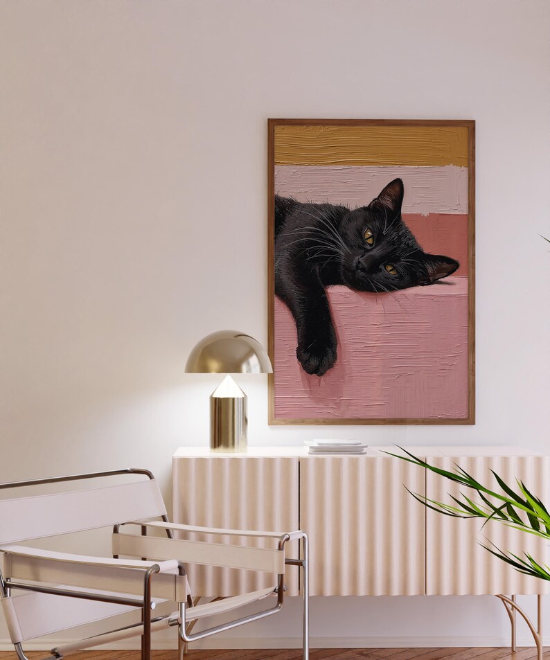 Väggkonst med svart katt: Mysig minimalistisk kattillustration på rosa bakgrund bild 2