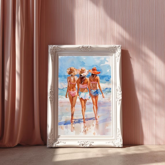 バリ絵画:beach girls Beach Girls Wall Art, Summer Coastal Print, Ocean Seaside Poster