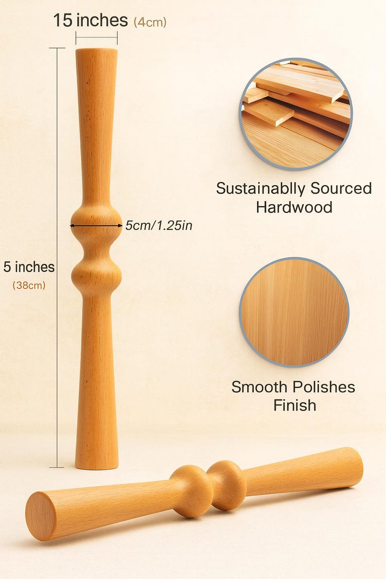 Pode incluir: Um rolo de madeira, com 38 cm de comprimento, com um acabamento liso e polido. O produto &eacute; feito de madeira de lei de origem sustent&aacute;vel. O rolo tem 38 cm de altura e 5 cm de largura.