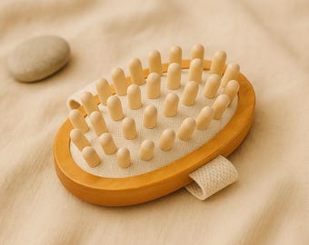 Escova Corporal Anticelulite de Madeira – Ferramenta de Massagem Spa com Pente para Couro Cabeludo e Almofada de Óleo Essencial – Esfoliante Removedor de Pele Morta e Massageador Capilar