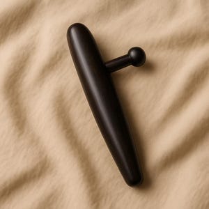 Può includere: Uno strumento per massaggio in legno marrone scuro con un manico arrotondato e una piccola sfera all'estremità di un braccio corto. Lo strumento è liscio e sembra essere fatto di un unico pezzo di legno. Lo sfondo è un tessuto beige chiaro.