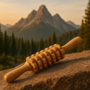 Peut inclure: Un rouleau de massage en bois clair, avec des roues rainurées et des poignées arrondies. L'outil de massage est conçu pour soulager les muscles. Il repose sur une roche, avec une montagne et une forêt en arrière-plan. Mesure environ 25 cm.
