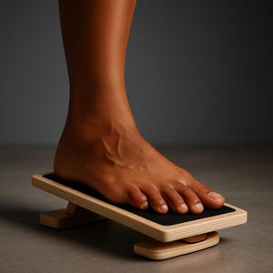 May include: A wooden foot rocker with a black textured surface. The foot rest is made of light-colored wood and has a rectangular shape. The foot rocker is designed to help stretch and strengthen the foot and ankle.