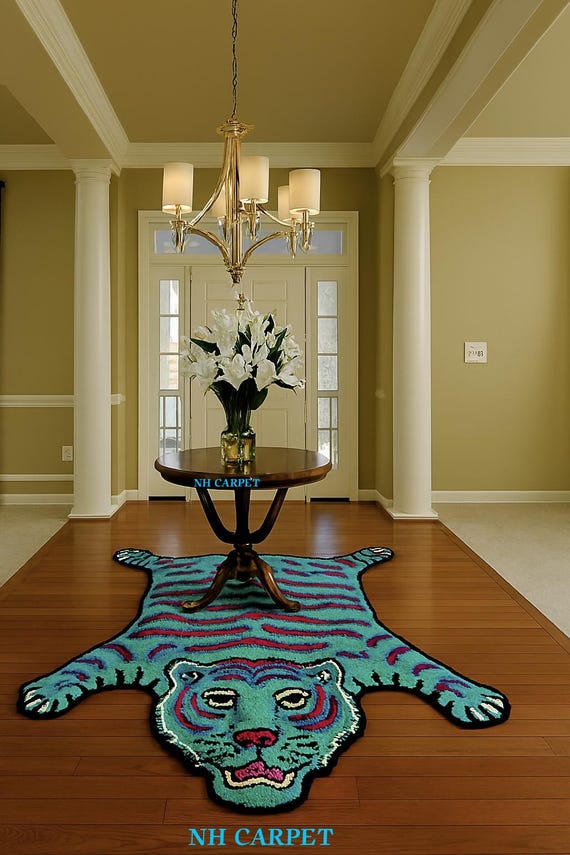 Faux Tiger Skin Rug | Unique entryway or kids room Decor | Whimsical Blue and Red Striped Accent Rug | Bold and Playful NH CARPET Collection