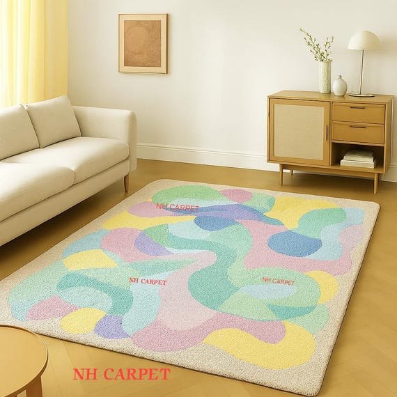 Area Rug Indoor Abstract Pastel Whimsical Modern Living Room Bedroom Wavy Geometric Colourful Rug
